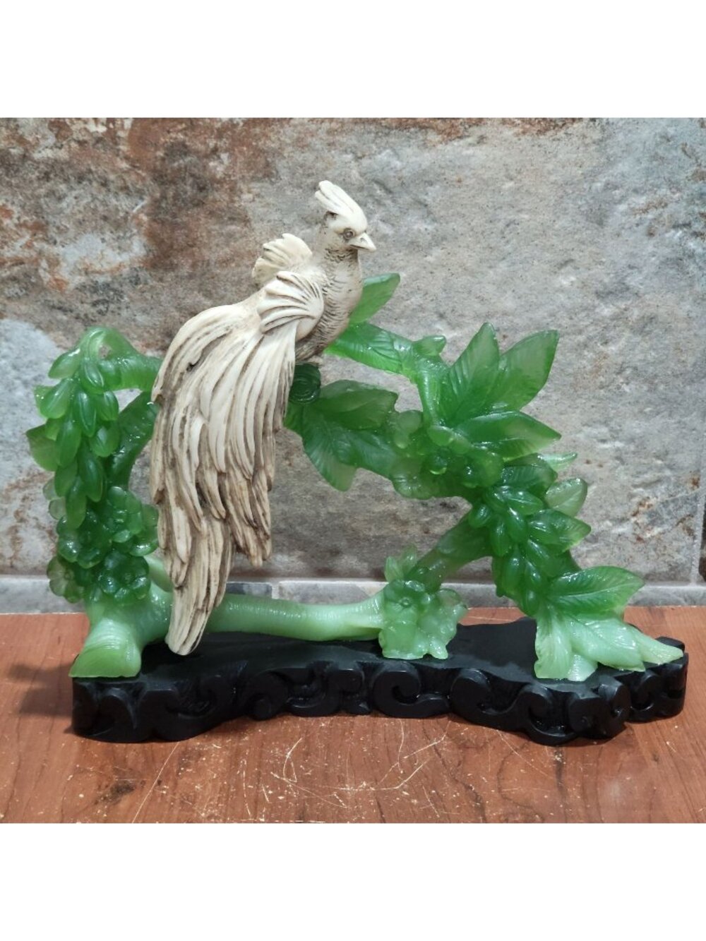 Wony Italy Phoenix Bird Faux Jade Sculpture Wood Base Carved Flowering Branch